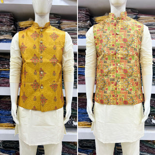 soft-silk-men-kurta-pyjama-koti-set-jacquard-print-work-1