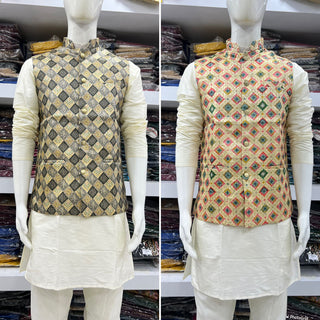 soft-silk-men-kurta-pyjama-koti-set-jacquard-print-work-3