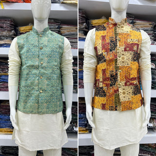 soft-silk-men-kurta-pyjama-koti-set-jacquard-print-work-4