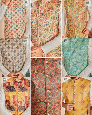 soft-silk-men-kurta-pyjama-koti-set-jacquard-print-work