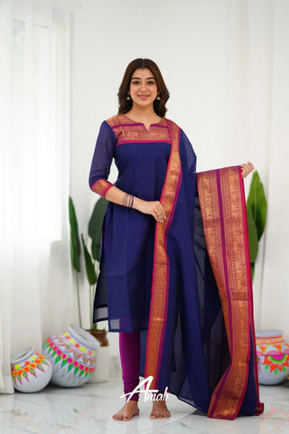 south-cotton-kurti-legging-dupatta-set-with-weaving-work-color-navy-blue-1
