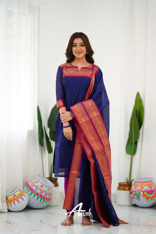 south-cotton-kurti-legging-dupatta-set-with-weaving-work-color-navy-blue-2