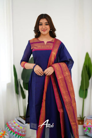 south-cotton-kurti-legging-dupatta-set-with-weaving-work-color-navy-blue-3