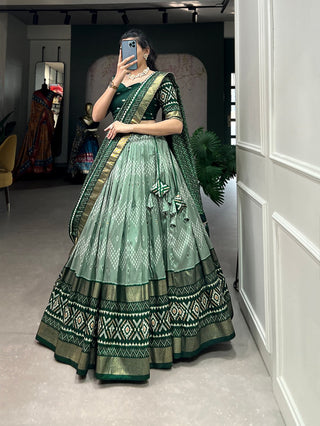  tussar-silk-lehenga-blouse-dupatta-with-dot-ikkat-print-with-foil-work-color-green-1