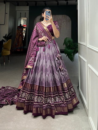 tussar-silk-lehenga-blouse-dupatta-with-dot-ikkat-print-with-foil-work-color-purple-3