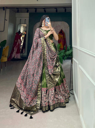 tussar-silk-lehenga-choli-dupatta-set-dot-ajarakh-foil-print-work-color-green-1