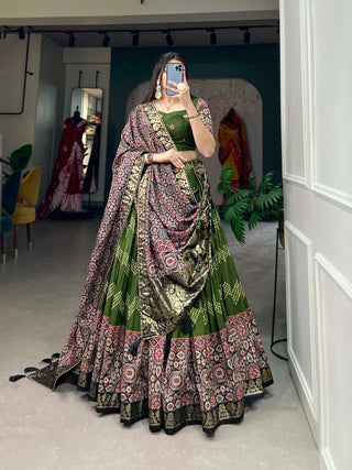 tussar-silk-lehenga-choli-dupatta-set-dot-ajarakh-foil-print-work-color-green-2