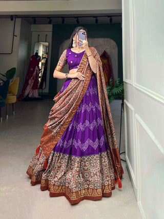 tussar-silk-lehenga-choli-dupatta-set-dot-ajarakh-foil-print-work-color-purple-1