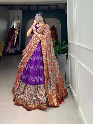 tussar-silk-lehenga-choli-dupatta-set-dot-ajarakh-foil-print-work-color-purple-2