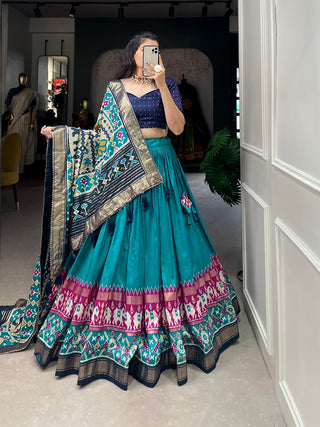 tusser-silk-lehenga-choli-dupatta-set-patola-foil-print-work-color-blue-2