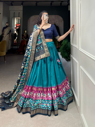 tusser-silk-lehenga-choli-dupatta-set-patola-foil-print-work-color-blue-3