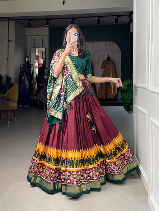 tusser-silk-lehenga-choli-dupatta-set-patola-foil-print-work-color-bottle-green-1