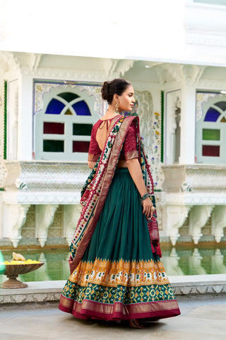 tusser-silk-lehenga-choli-dupatta-set-patola-foil-print-work-color-bottle-green-3