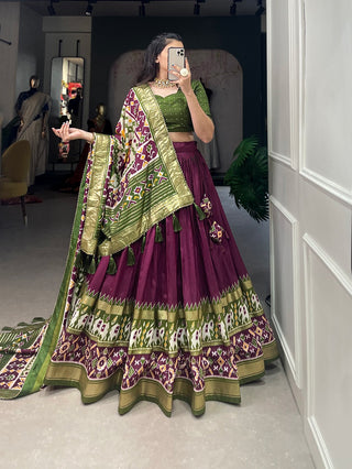 tusser-silk-lehenga-choli-dupatta-set-patola-foil-print-work-color-green-1