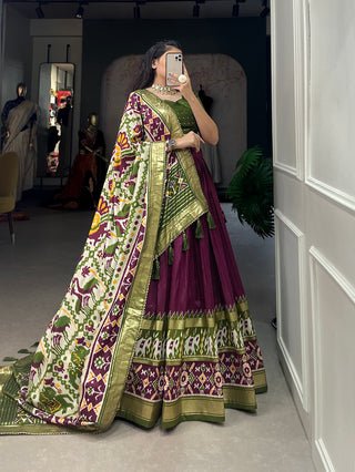 tusser-silk-lehenga-choli-dupatta-set-patola-foil-print-work-color-green-2