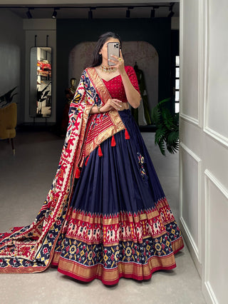 tusser-silk-lehenga-choli-dupatta-set-patola-foil-print-work-color-navy-blue-2