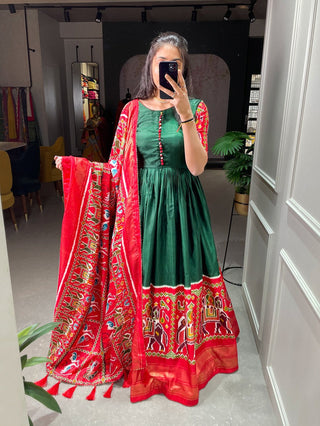 Varman Indian Dresses For Women Party Wear Gown Kurtis Suit Dola Silk with Patola and Foil Print Green Color, Listing ID: 8888659575066