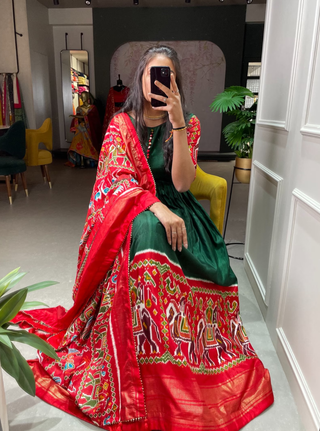 2-3 Days Delivery! Indian Dresses For Women Party Wear Gown Kurtis Suit Dola Silk with Patola and Foil Print Green Color, Listing ID: 8888659575066