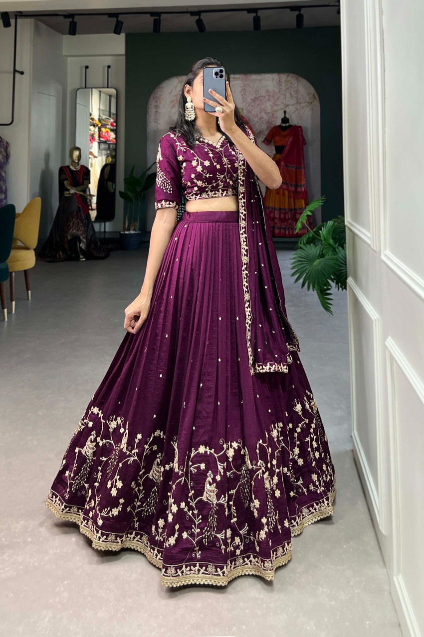 Mani Lavender Color Vichitra Silk Crop Top Peacock Design Lehenga with Embroidered Shrug