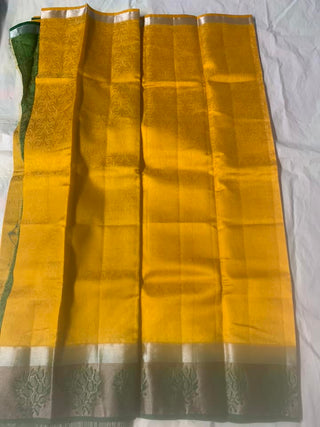 Tussar Silk With Contrast Blouse - Yellow With Green Zari
