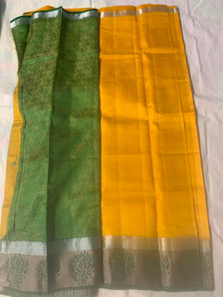 Tussar Silk With Contrast Blouse - Yellow With Green Zari