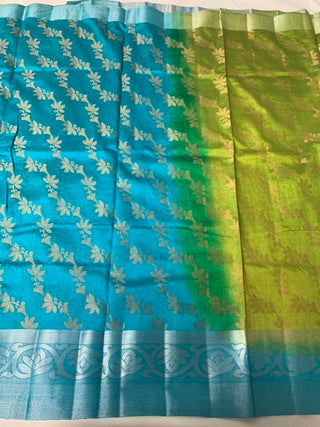 Parrot Green With Contrast Sky Blue Pallu with Silver colour Border  Tussar  Silk Fancy Saree         