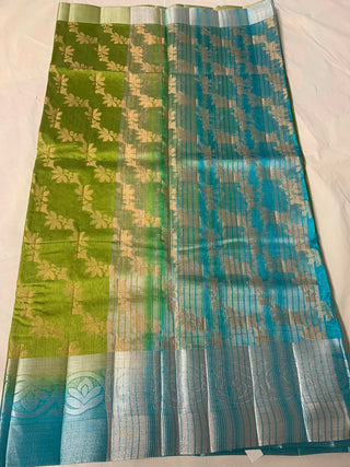 Parrot Green With Contrast Sky Blue Pallu with Silver colour Border  Tussar  Silk Fancy Saree                         