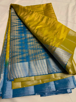 Fancy Geometrical Design Tusser Silk With Contrast Blouse , Body colour of Saree is Rama Green With Sky Blue Pallu