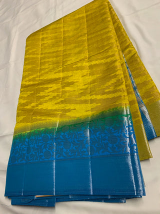 Fancy Geometrical Design Tusser Silk With Contrast Blouse , Body colour of Saree is Rama Green With Sky Blue Pallu