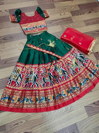 Pure Dola Silk With embroidered Sequence Work - Kids Lehenga(Colour- Green With Orange)