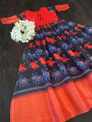 Printed Orange Color Gown with Weaving Border