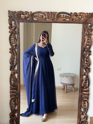 Blue Colour Georgette Gown With Dupatta & Lace Border