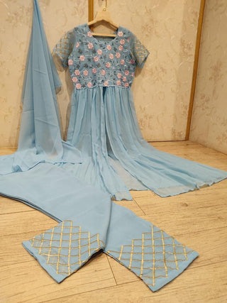georgette embroidery zari gown sky blue