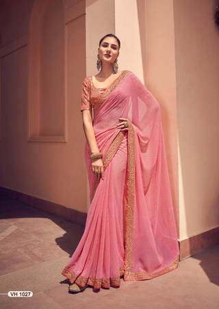 georgette lehariya print saree pink color