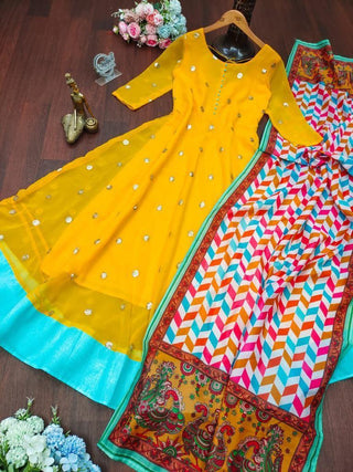 Solid Yellow Georgette Maxi Dress For women  With Print Dupatta,