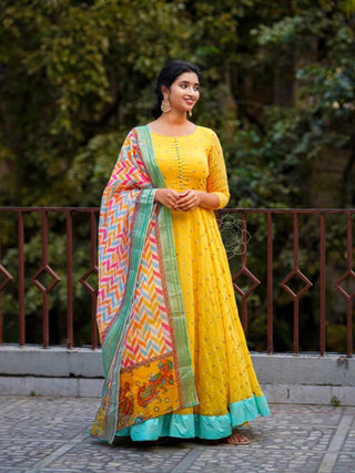 Solid Yellow Georgette Maxi Dress For women  With Print Dupatta,