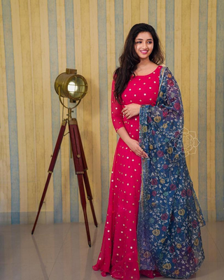 Indian Embroidery Georgette Red Gown for Women with Printed Blue colour Dupatta 