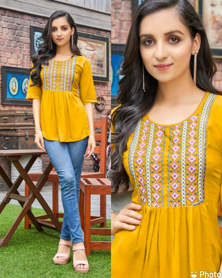 Embroidery Work Short Tops for Office and Regular Wear(YELLOW)