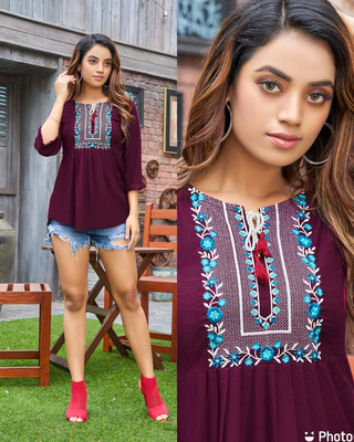 Embroidery Work Short Tops for Office and Regular Wear(MAROON)