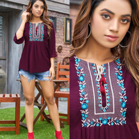 Embroidery Work Short Tops for Office and Regular Wear(MAROON)